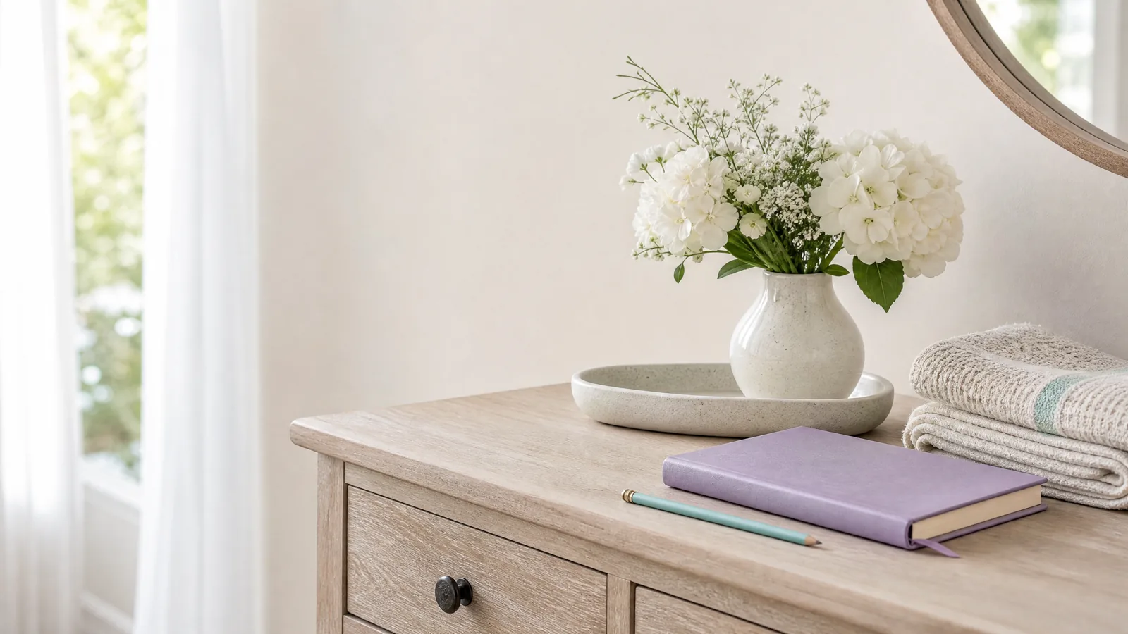 A folded towel and flowers in a freshly cleaned home